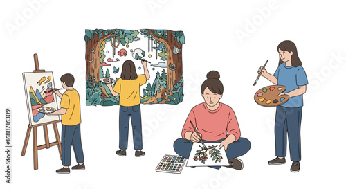 Group of people painting different subjects in a studio environment, ideal for showcasing artistic collaboration, art education, or creative hobbies