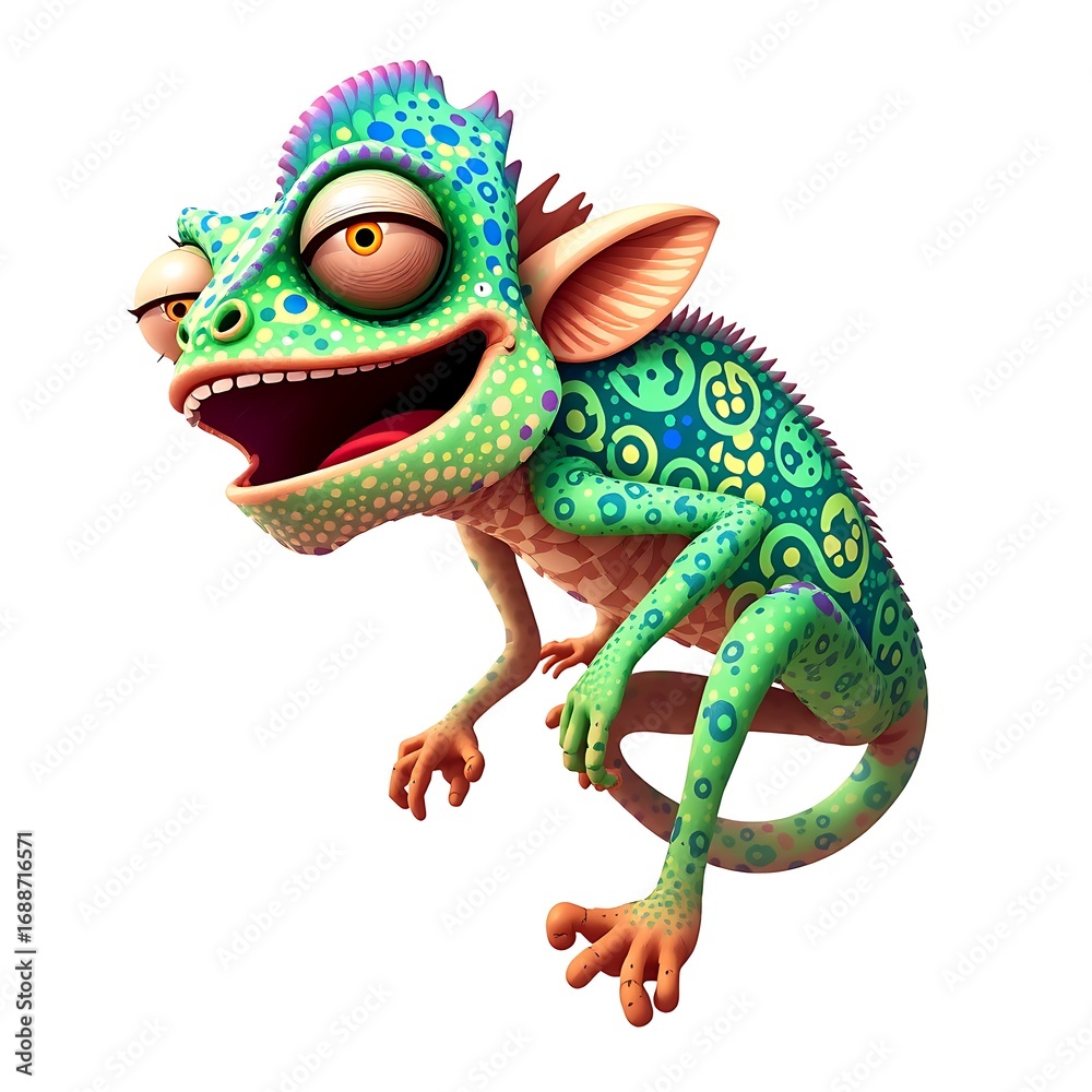 Fototapeta premium Illustration of a cartoon chameleon with a colorful, patterned body and wide smile
