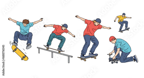Dynamic skateboarding action sequence featuring various tricks and poses, ideal for illustrating youth culture, sports, and urban lifestyle designs