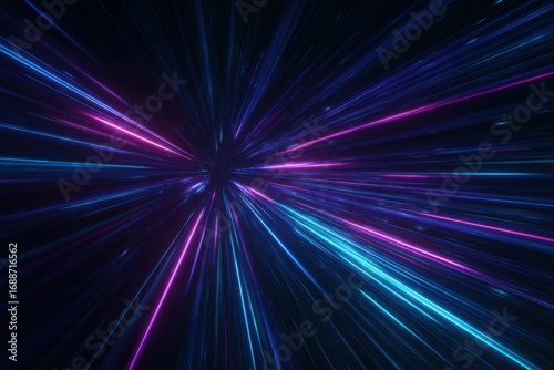 Abstract digital art, vibrant radial lines of neon blue and pink light, emanating from a central point on a dark background