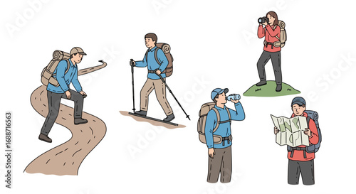 Diverse group of hikers engaged in outdoor activities, showcasing different aspects of a hiking experience for travel, adventure, and recreational content