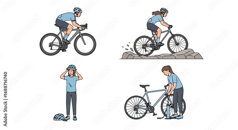 Fototapeta premium Cyclist illustrations showing different types of riding and safety measures for promoting bicycle safety, cycling events, and outdoor recreation campaigns.