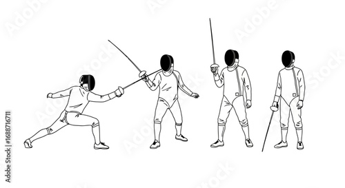 Fencing sequence illustration depicting athletes in various positions, showing the sport's action and technique for educational or informational purposes.