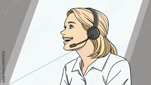 Smiling woman wearing headset customer service support agent call center help desk communication technology online assistance happy friendly professional business office worker employee consultant ad.