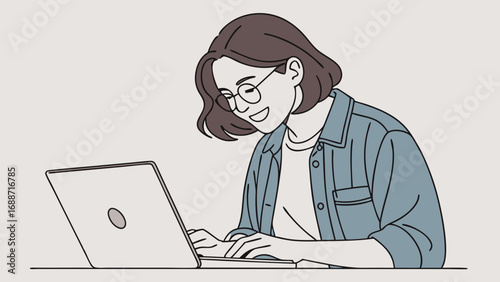 Smiling Woman Working on Laptop Modern Line Art Illustration.