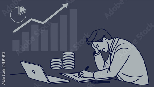 Stressed businessman working late analyzing financial charts and graphs showing upward trend.
