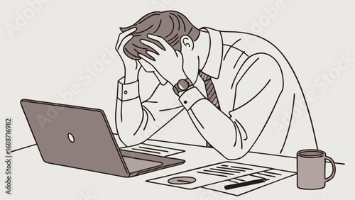 Stressed businessman working on laptop overwhelmed by work tired and frustrated.