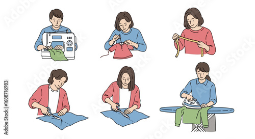 Illustration depicting various stages of garment creation including sewing, knitting, cutting and ironing. Suitable for DIY tutorials, crafting blogs, or instructional materials.