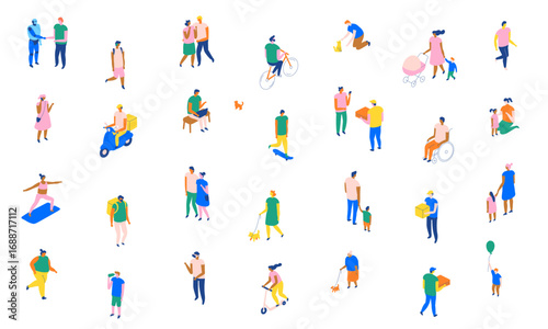 Flat isometric characters of city lifestyle: food delivery, yoga, cycling, walking, families, pets, children, social life, and modern urban crowd. Vector pack.