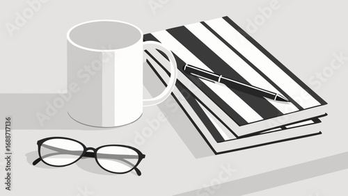 Study Table Still Life Mug Books Glasses and Pen illustration.