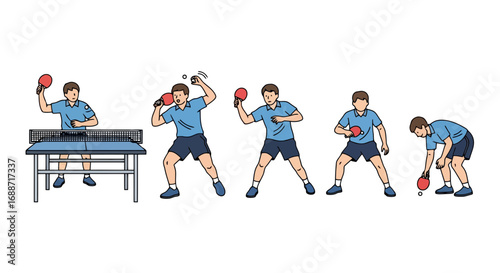 Illustration of a table tennis player executing various shots, demonstrating techniques. Suitable for use in educational contexts, sports articles, or coaching guides.
