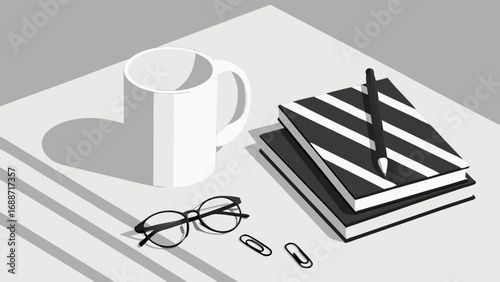 Stylish Minimalist Workspace with Coffee Mug Books and Glasses.