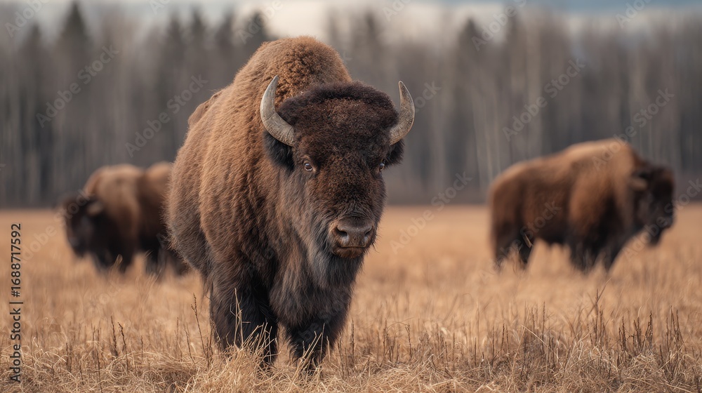 Fototapeta premium Rustic Bison Farm: Exploring the Buffalo Herds of Alberta's Wildlife in Canada