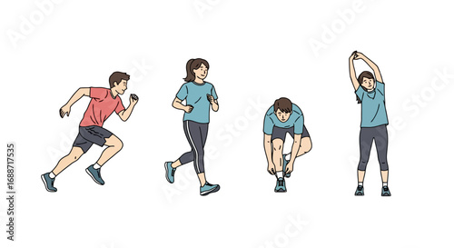 Diverse illustrations showing a group of people exercising and stretching, ideal for promoting fitness programs, health tutorials, or wellness campaigns