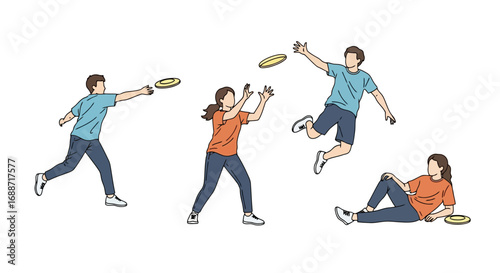 Group of people playing frisbee in a park illustration for summer outdoor activities, exercise, recreation, and leisure time fun. Ideal for sport and health websites.