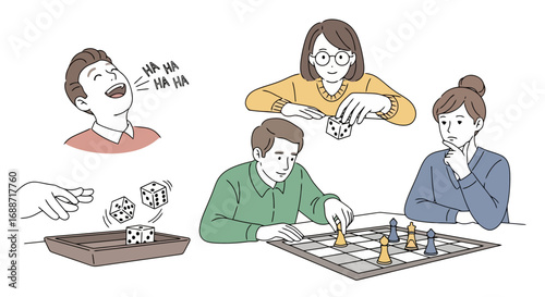 Group of friends enjoying board games and dice games, creating a cheerful and interactive atmosphere for social gatherings and recreational activities