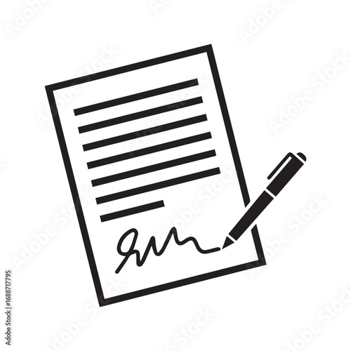 Signature icon. Pen signing a document or contract. Vector symbol for business agreement, legal form, and official papers.
