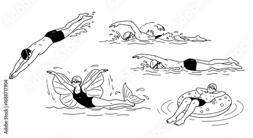 Dynamic swimming illustrations showcasing various strokes, diving, and relaxation techniques. Ideal for sports instruction, health promotion, or recreational activity guides.