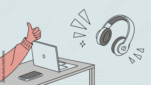 Thumbs up laptop headphones positive feedback technology illustration online communication wireless headset audio device approval digital communication work from home remote work home office modern t.