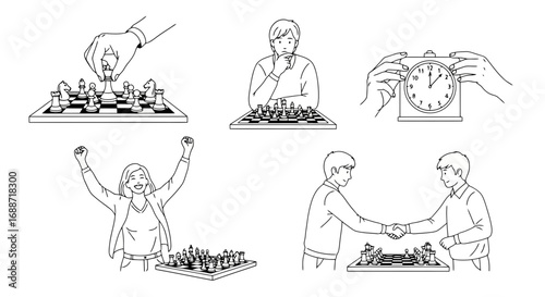 Chess game sequence depicting strategy, contemplation, timing, victory, and sportsmanship, suitable for illustrating game concepts, strategy, or competitive scenarios