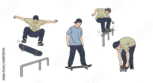 Skateboarder performing tricks and preparing for a ride, set against a clean background. Showcasing skateboarding skills, lifestyle, and equipment for sports, recreation, or tutorials.