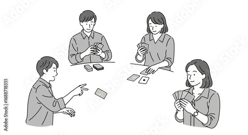 Illustration of four people playing cards together in a relaxed setting, suitable for illustrating social gatherings, game nights, or casual leisure activities.