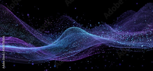 Abstract digital rendering of flowing, vibrant purple and blue particles on a black background.  Particles create undulating, wave-like forms.  A fine mist of smaller particles adds depth and texture