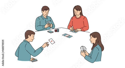 Four friends are playing poker together at home, enjoying leisure time and recreational activities. Illustration for family entertainment, social gatherings, and hobby projects.