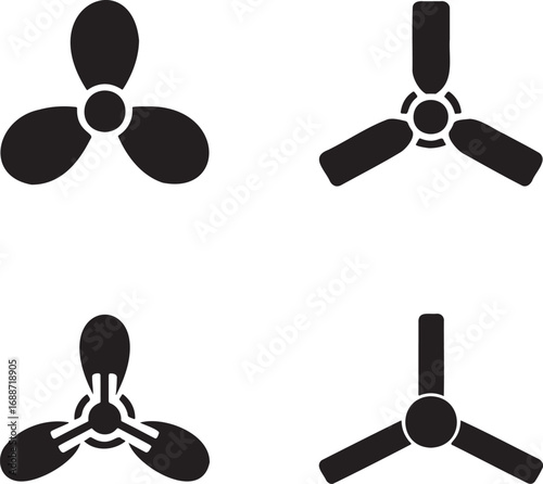 Set of Black Fan and Propeller Silhouettes on White Background – Vector Icons Collection 