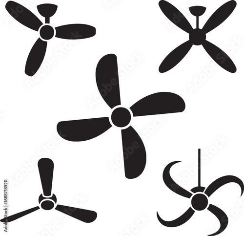 Set of Black Fan and Propeller Silhouettes on White Background – Vector Icons Collection 