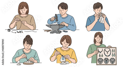 Illustrated jewelry making process featuring various artisans crafting necklaces, earrings, and pendants. Suitable for jewelry design courses, crafting tutorials, or artisan workshop promotion.