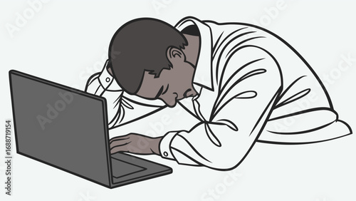 Tired worker sleeping on laptop exhausted person resting at work burnout concept illustration.