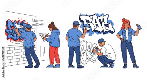 Group of street artists creating vibrant graffiti art on a wall, showcasing urban creativity and community arts projects for mural designs