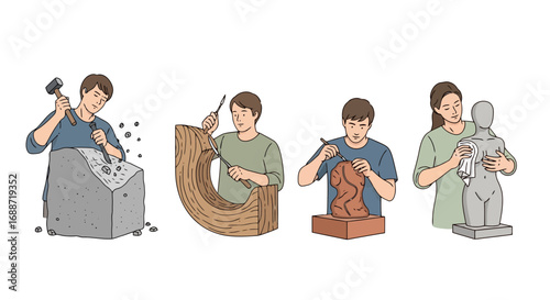 Diverse Sculptors Crafting Stone, Wood, Clay, and Plaster Figures, Ideal for Art Education, Craft Tutorials, and Creative Process Illustrations
