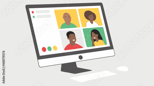 Video Conference on Desktop Computer Online Meeting Virtual Team Collaboration Illustration.