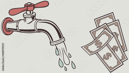 Water Tap Flowing Money Illustration Finance Cost Expense Budget Concept.