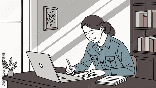 Woman working at home office desk with laptop writing notes illustration happy productive design.