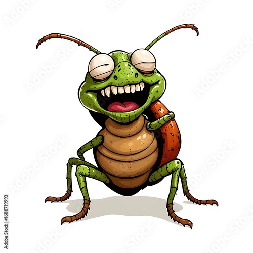 Illustration of a happy cartoon beetle with a big grin and wideopen eyes, isolated on white background