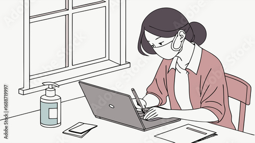 Woman working from home wearing a face mask using a laptop and stylus near a window.