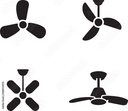 Set of Black Fan and Propeller Silhouettes on White Background – Vector Icons Collection 