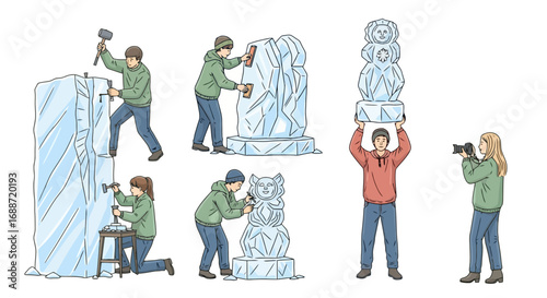 Illustrative depiction of ice sculpting process, including the artist's tools, finished sculptures, and the photographer, for educational or creative projects