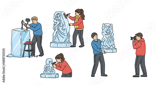 Ice sculpting illustration showcasing artists creating sculptures for winter festivals or art demonstrations, ideal for educational material or event promotion
