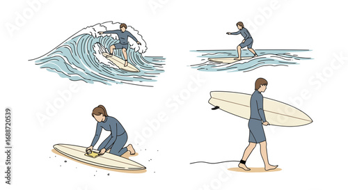 Surfing illustration set depicting various stages of the sport and board maintenance, ideal for summer promotions, sport instruction, or travel brochures.