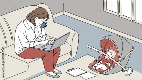 Working Mother with Baby at Home Laptop Phone Documents Stroller Illustration.