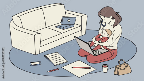 Working Mother with Baby at Home Remote Work Multitasking Illustration.