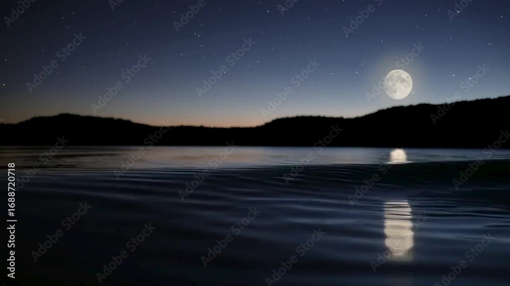 Una agua suave y delicada se mueve sobre la superficie del lago, con suaves reflejos de estrellas y la luna brillando sobre el agua.