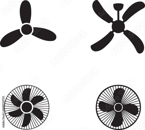 Set of Black Fan and Propeller Silhouettes on White Background – Vector Icons Collection 