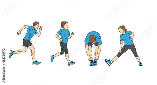 Diverse set of athletic figures demonstrating various exercises, suitable for fitness guides, health publications, or illustrations of active lifestyles