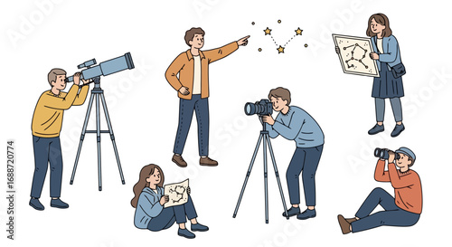 Group of people stargazing using telescopes, binoculars, and constellation maps for astronomy enthusiasts and science education presentations.