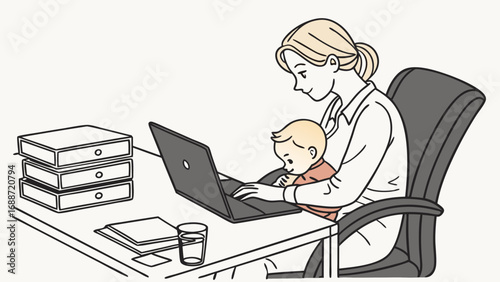 Working mother with baby at laptop office illustration childcare multitasking work from home.